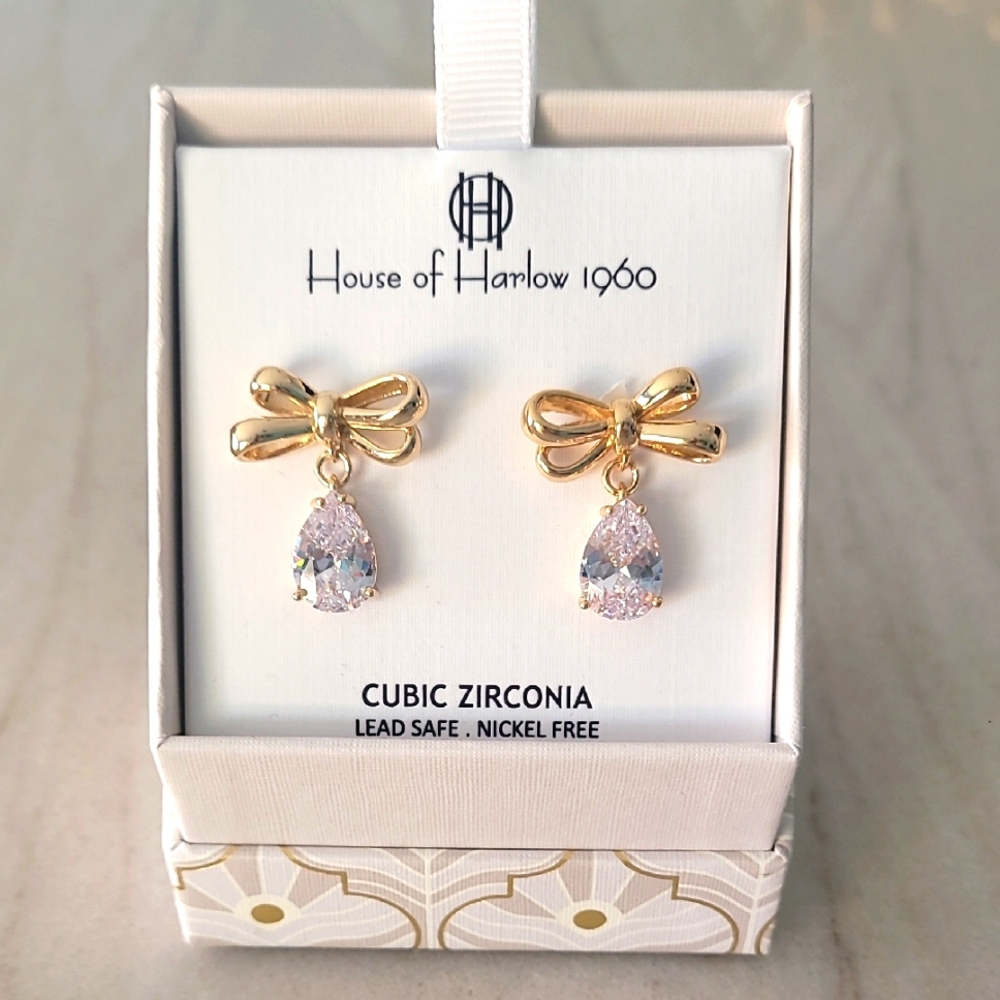 House of Harlow 1960 Gold Bow Earrings with Cubic Zirconia